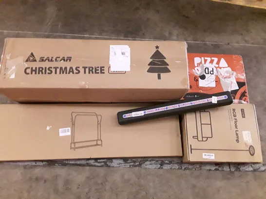 PALLET OF ASSORTED PRODUCTS INCLUDING CHRISTMAS TREE, CLOTHES RACK, TORQUE WRENCH, RGB FLOOR LAMP, PIZZA PEEL