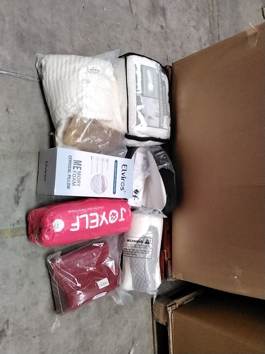 PALLET OF ASSORTED ITEMS TO INCLUDE: ELVIRES MEMORY FOAM CERVICAL PILLOW, GOOSE DOWN AND FEATHER PILLOW ETC