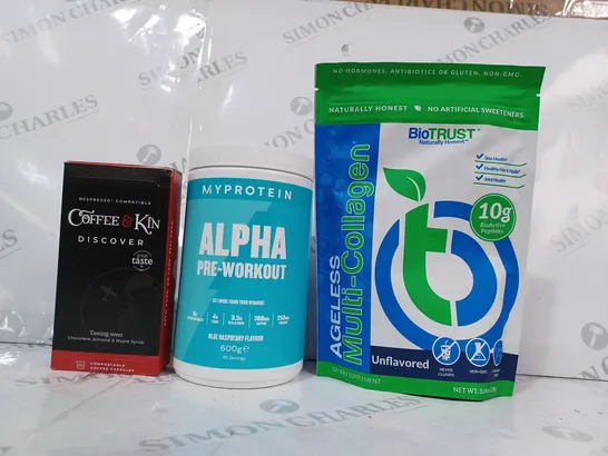 APPROXIMATELY 10 ASSORTED FOOD & DRINK ITEMS TO INCLUDE BIOTRUST AGELESS MULTI-COLLAGEN, MY PROTEIN ALPHA PRE-WORKOUT IN BLUE RASPBERRY FLAVOUR, COFFEE & KIN DISCOVER COFFEE CAPSULES, ETC