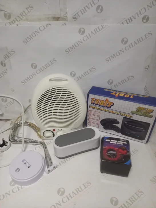 BOX OF APPROXIMATELY 5 ASSORTED HOMEWARE & ELECTRICAL PRODUCTS TO INCLUDE FAN HEATER, FOLDABLE WASHING MACHINE, 16 BIT SUPER MEGE DRIVE SYSTEM ETC