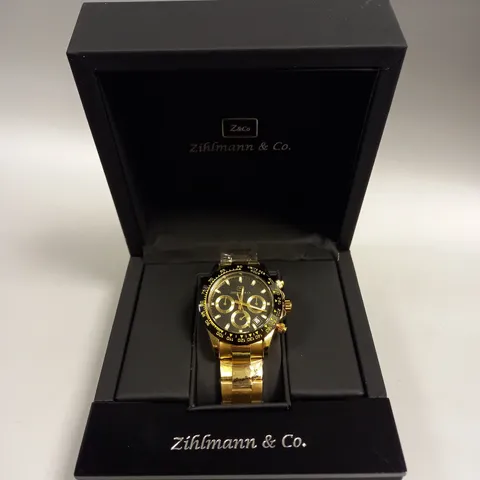 MENS ZIHLMANN & CO Z400 WATCH – CHRONOGRAPH MOVEMENT – GOLD STAINLESS STEEL STRAP – BLACK DIAL – 3ATM WATER RESISTANT