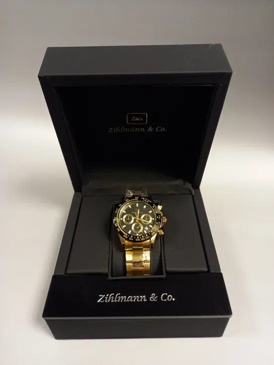 MENS ZIHLMANN & CO Z400 WATCH – CHRONOGRAPH MOVEMENT – GOLD STAINLESS STEEL STRAP – BLACK DIAL – 3ATM WATER RESISTANT