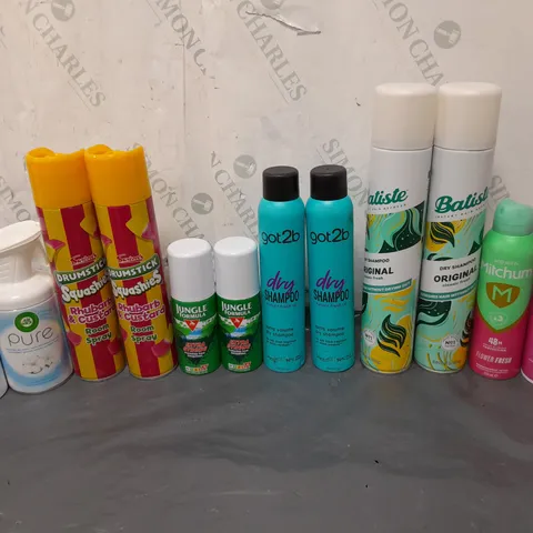 APPROXIMATELY 12 ASSORTED AEROSOLS TO INCLUDE DRY SHAMPOO, DEODRANT, AND SHAVING GEL ETC. 