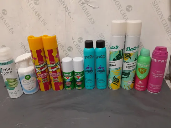 APPROXIMATELY 12 ASSORTED AEROSOLS TO INCLUDE DRY SHAMPOO, DEODRANT, AND SHAVING GEL ETC. 