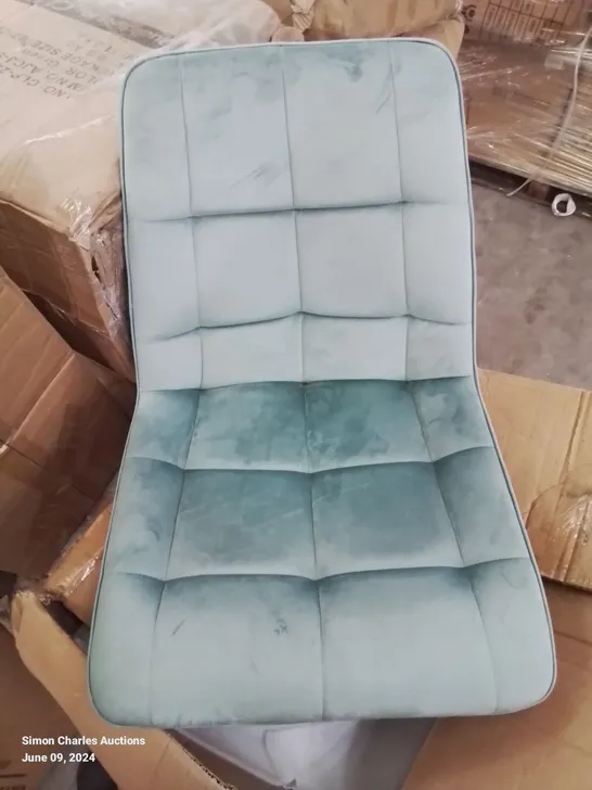 A BOXED PAIR OF TURQUOISE VELVET UPHOLSTERED DINING CHAIRS 