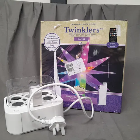 BOX OF 4 ASSORTED HOUSEHOLD ITEMS TO INCLUDE COOK'S ESSENTIALS EGG COOKER, TWINKLERS DECORATIVE STAR BURST LIGHT, ETC