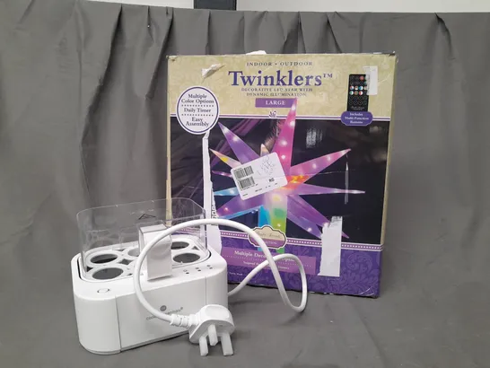 BOX OF 4 ASSORTED HOUSEHOLD ITEMS TO INCLUDE COOK'S ESSENTIALS EGG COOKER, TWINKLERS DECORATIVE STAR BURST LIGHT, ETC