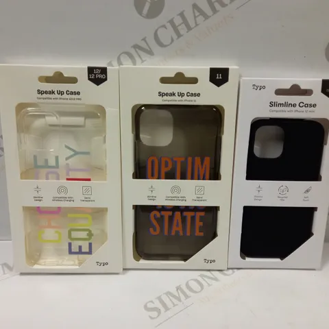 BOX OF APPROXIMATELY 60 TYPO PHONES CASES ('SLIMLINE CASE' & 'SPEAK UP CASE') FOR IPHONE 11, 12 MINI, 12/12PRO IN VARYING COLOURS