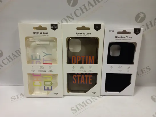 BOX OF APPROXIMATELY 60 TYPO PHONES CASES ('SLIMLINE CASE' & 'SPEAK UP CASE') FOR IPHONE 11, 12 MINI, 12/12PRO IN VARYING COLOURS