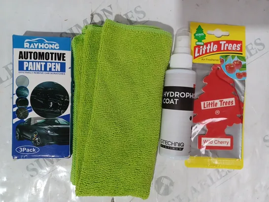 BOX OF APPROXIMATELY 20 ASSORTED CAR AND VEHICLE PARTS TO INCLUDE LITTLE TREES WILD CHERRY AIR FRESHENER, HYDROPHOBIC COAT, RAYHONG AUTOMOTIVE PAINT PEN, ETC