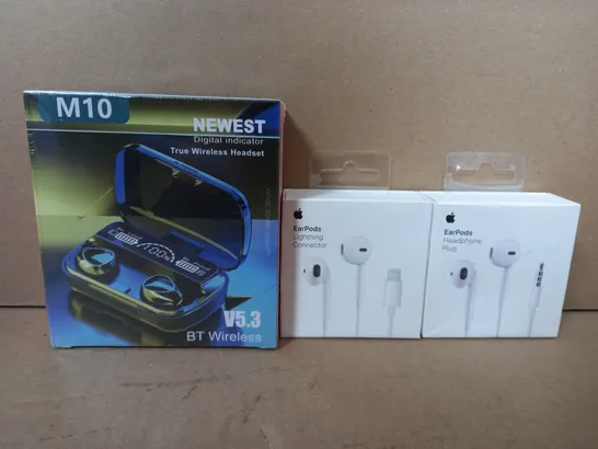 BOX OF APPROX 25 ASSORTED ITEMS TO INCLUDE - M10 WIRELESS EARPHONES , EARPODS WITH HEADPHONE PLUG , EARPODS LIGHTNING CONNECTOR 