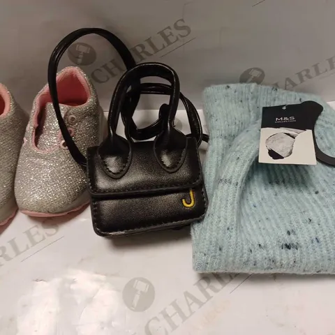 BOX OF APPROXIMATELY 10 ASSORTED HOUSEHOLD ITEMS TO INCLUDE M&S BABY HAT IN BLUE, CHILDREN'S SHOES IN SILVER GLITTER EFFECT SIZE 19, USB CABLE, ETC