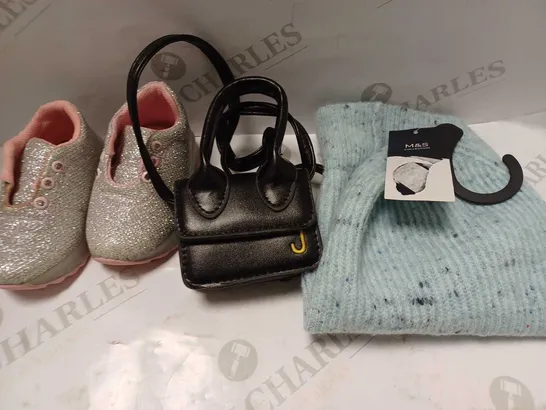 BOX OF APPROXIMATELY 10 ASSORTED HOUSEHOLD ITEMS TO INCLUDE M&S BABY HAT IN BLUE, CHILDREN'S SHOES IN SILVER GLITTER EFFECT SIZE 19, USB CABLE, ETC