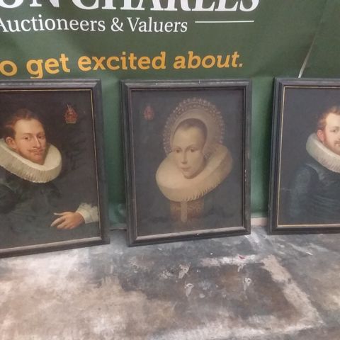 4 ASSORTED TUDOR PORTRAITS ON CANVAS TO INCLUDE; ELIZABETH I AND SIR FRANCIS DRAKE