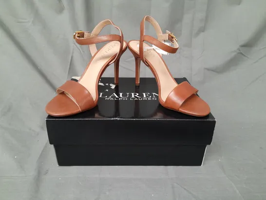 BOXED PAIR OF RALPH LAUREN OPEN TOE HIGH HEEL SANDALS IN BROWN UK SIZE 3.5