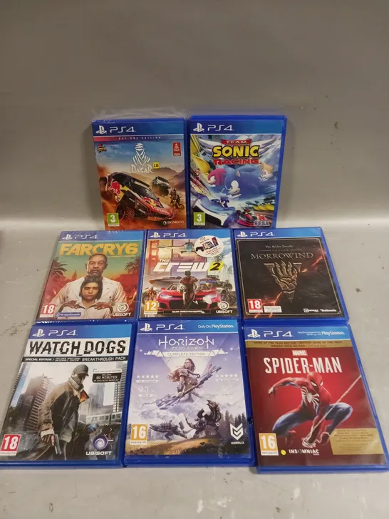 8 X ASSORTED PS4 VIDEO GAMES TO INCLUDE SONIC RACING, SPIDER-MAN, FARCRY 6 ETC 