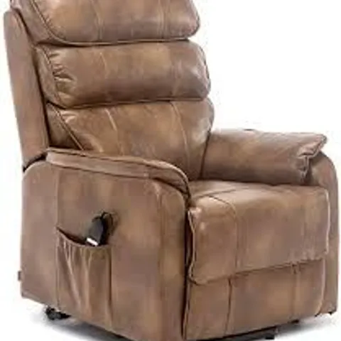 BOXED DESIGNER BUCKINGHAM TAN LEATHER POWER RISE & RECLINING EASY CHAIR (2 BOXES)