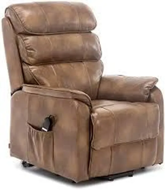 BOXED DESIGNER BUCKINGHAM TAN LEATHER POWER RISE & RECLINING EASY CHAIR (2 BOXES)