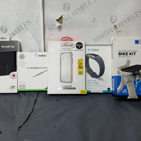 BOX OF APPROX 30 ASSORTED ITEMS TO INCLUDE - QUAD LOCK BIKE KIT , OTTER STRADA VIA SAMSUNG GALAXY S22 , BELKIN AUX CABLE ETC