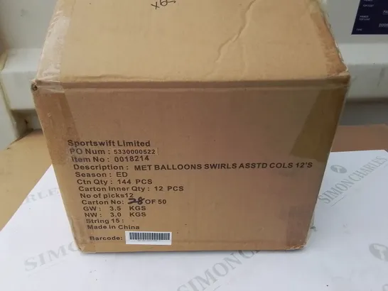 PALLET CONTAINING 65 BOXES OF BRAND NEW METALLIC BALLOON SWIRL CONFETTI  - 144 PIECES PER BOX / APPROX 9360 TOTAL