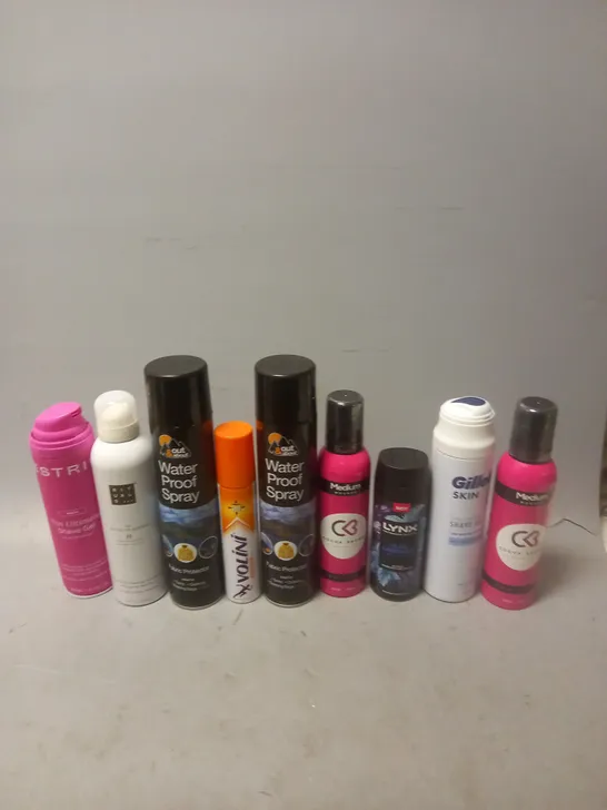 APPROXIMATELY 12 ASSORTED AEROSOLS TO INCLUDE ESTRID SHAVE GEL, LYNX BLUE LAVENDER, AND GILLETTE SHAVE GEL ETC. 