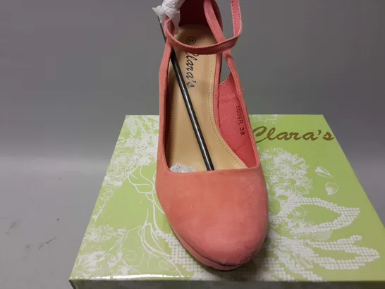 12 BOXED CLARAS RAISED OPEN BACK HEEL SHOES IN VARIOUS COLOURS AND SIZES