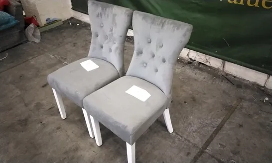 PAIR OF BEWLEY GREY VELVET BUTTON BACK DINING CHAIRS WITH WHITE LEGS