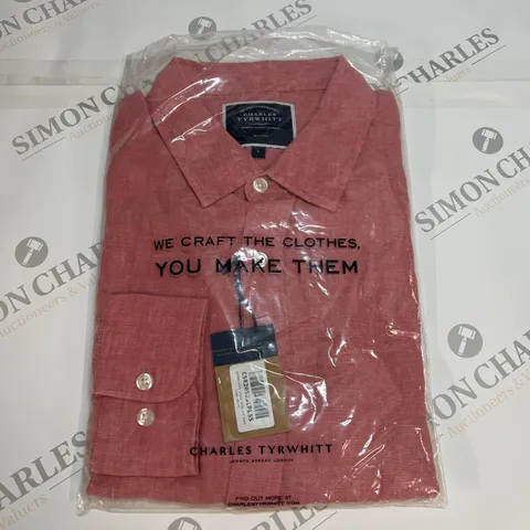 CHARLES TYRWHITT PLAIN SLIM FIT PURE LINEN SHIRT IN SALMON PINK SIZE L