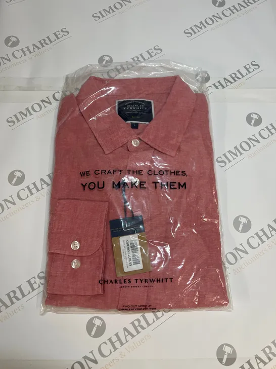 CHARLES TYRWHITT PLAIN SLIM FIT PURE LINEN SHIRT IN SALMON PINK SIZE L