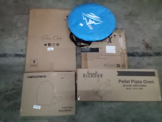 PALLET OF ASSORTED ITEMS INCLUDING STORMIC TOILET SEAT, BIGHORN PELLET PIZZA OVEN, POP UP TENT, FABIAN CLARKE PHOTOFRAMES