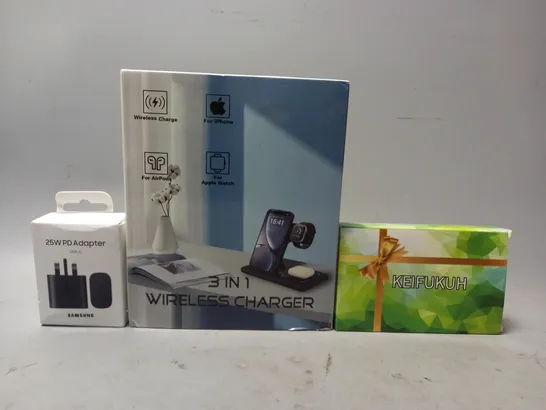 APPROXIMATELY 10 ASSORTED HOUSEHOLD ITEMS TO INCLUDE 3-IN-1 WIRELESS CHARGER, ADAPTER, ETC