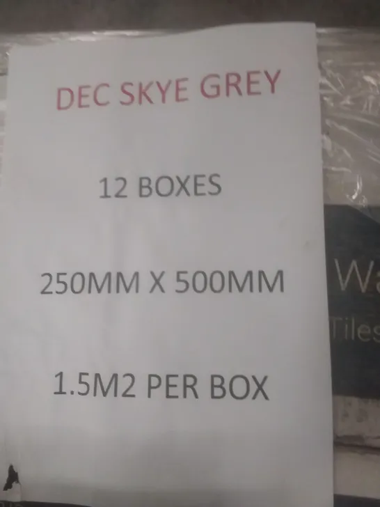 PALLET OF APPROXIMATELY 12 BOXES OF DEFINITIVE DEC SKYE GREY CERAMIC WALL TILES 250MM X 500MM APPROXIMATELY 1.5MSQ PER BOX