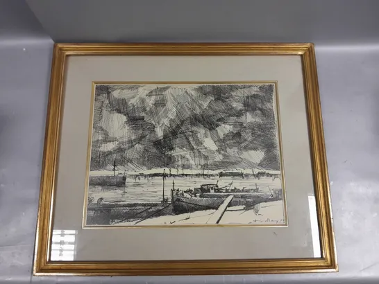 FRAMED J. GALLAY PEN AND INK HARBOUR SCENE