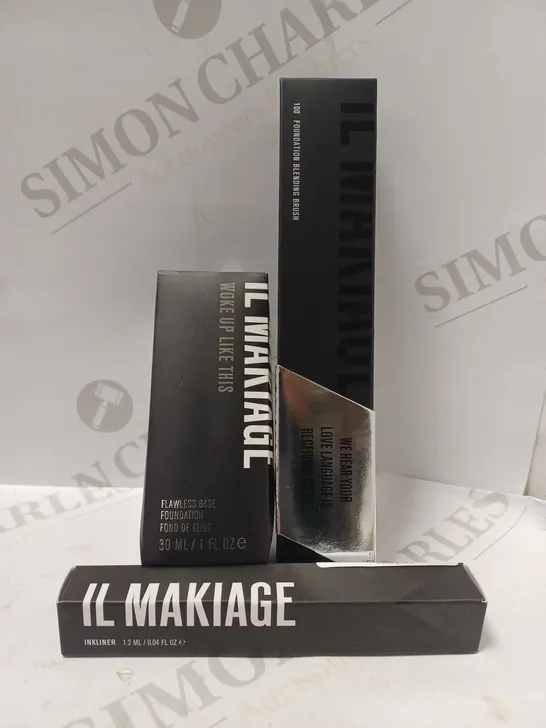 LOT OF 3 ASSORTED IL MAKIAGE MAKEUP PRODUCTS TO INCLUDE FLAWLESS BASE FOUNDATION 30ML #120, INKLINER #BLACK, FOUNDATION BLENDING BRUSH 100 