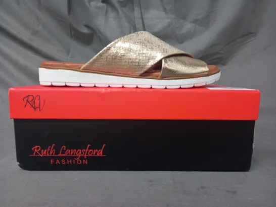 BOXED PAIR OF RUTH LANGSFORD FLAT SANDALS IN METALLIC CHAMPAGNE GOLD SIZE 6