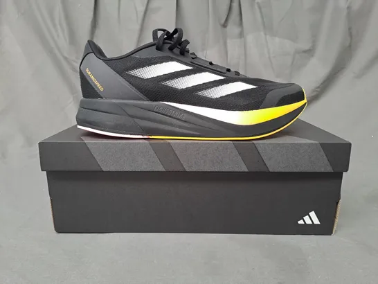 BOXED PAIR OF ADIDAS DURAMO SPEED SHOES IN BLACK/MULTICOLOUR UK SIZE 10