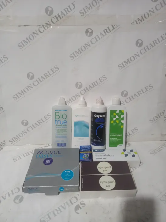 BOX OF APPROXIMATELY 20 ASSORTED CONTACT LENSES AND EYE TREATMENT TO INCLUDE BIO TRUE, EASY VISION AND EYE EXPERT 