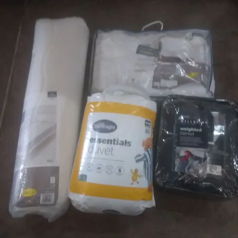 PALLET OF ASSORTED BEDDING ITEMS IN LARGE AMOUNT TO INCLUDE MATTRESS PROTECTOR, TOPCOOL DUVET, AND WEIGHTED BLANKED ETC.