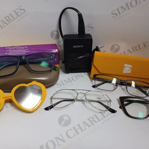 BOX OF APPROX 10 ITEMS INCLUDING ASSORTED PRESCRIPTION GLASSES, BATTERY CHARGER AND CAMERA FILM