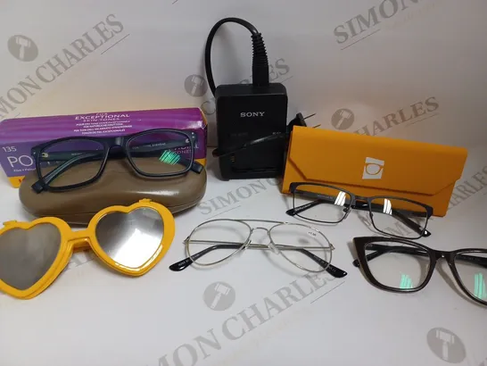 BOX OF APPROX 10 ITEMS INCLUDING ASSORTED PRESCRIPTION GLASSES, BATTERY CHARGER AND CAMERA FILM