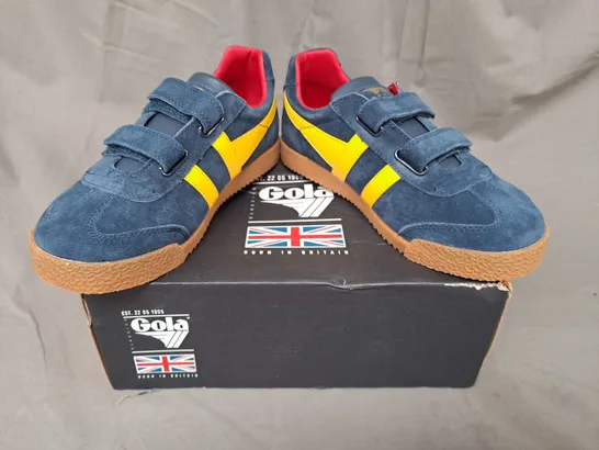 BOXED PAIR OF GOLA HARRIER STRAP SHOES IN NAVY/YELLOW/RED UK SIZE 2