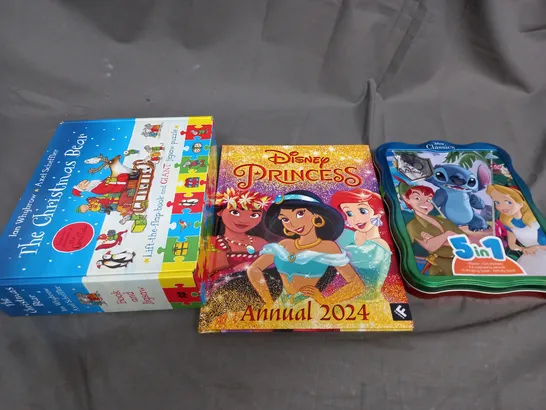 BOX OF APPROXIMATELY 10 ASSORTED BOOKS AND TOYS TO INCLUDE DISNEY, PRINCESS AND THE CHRISTMAS BEAR