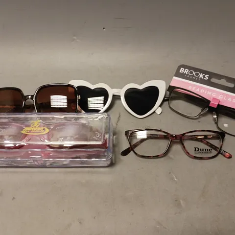 BOX OF APPROXIMATELY 20 ASSORTED VISION ITEMS TO INCLUDE - BROOKS READING GLASSES , UNBRANDED HEART SUNGLASSES , JIEHU PINK GOGGLES ETC