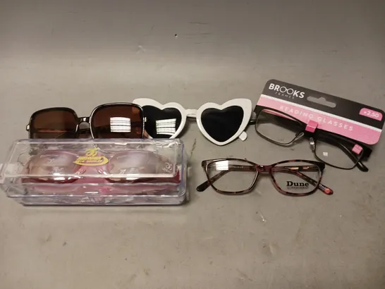 BOX OF APPROXIMATELY 20 ASSORTED VISION ITEMS TO INCLUDE - BROOKS READING GLASSES , UNBRANDED HEART SUNGLASSES , JIEHU PINK GOGGLES ETC