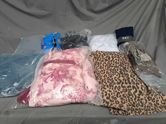 BOX OF ASSORTED CLOTHING ITEMS IN VARIOUS COLOURS, SIZES AND STYLES