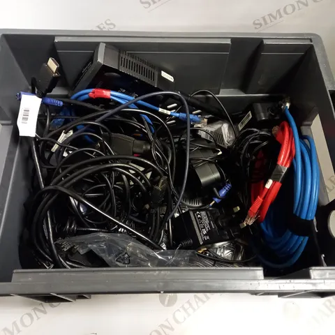 BOX OF APPROX 10 ITEMS INCLUDING ASSORTED POWER CABLES FOR SKY BOXES, ENGENIUS WIFI ROUTER AND HDMI CABLES