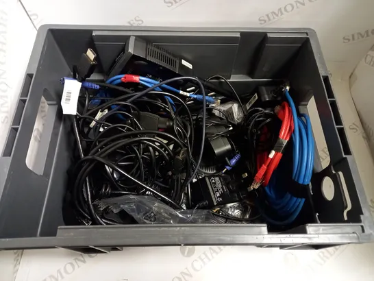 BOX OF APPROX 10 ITEMS INCLUDING ASSORTED POWER CABLES FOR SKY BOXES, ENGENIUS WIFI ROUTER AND HDMI CABLES