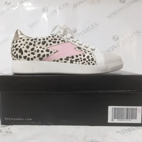 BOXED PAIR OF DUNE LONDON ENERGISED LIGHTNING BOLT TRAINERS IN ANIMAL PRINT/PINK SIZE 6