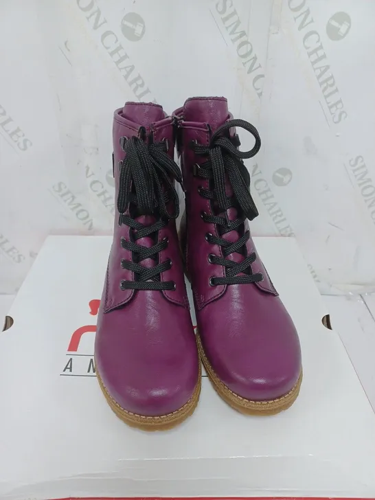 BOXED PAIR OF RIEKER LACE UP BOOTS IN PURPLE SIZE 5 