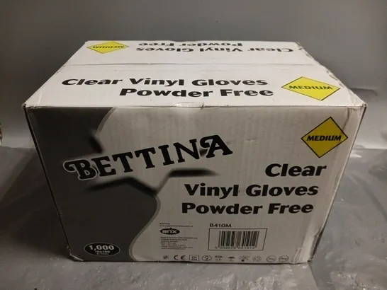 BOXED BETTINA CLEAR VINYL POWDER FREE GLOVES - SIZE MEDIUM (QTY 1000)